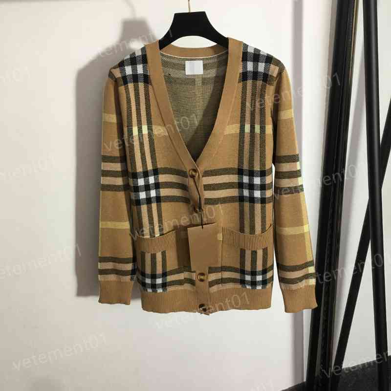

Luxury Womens Sweaters Khaki Contrast Check Panel V-Neck Knit Cardigan Jackets High Quality Designer Sweater Women Clothing, Additional shipping