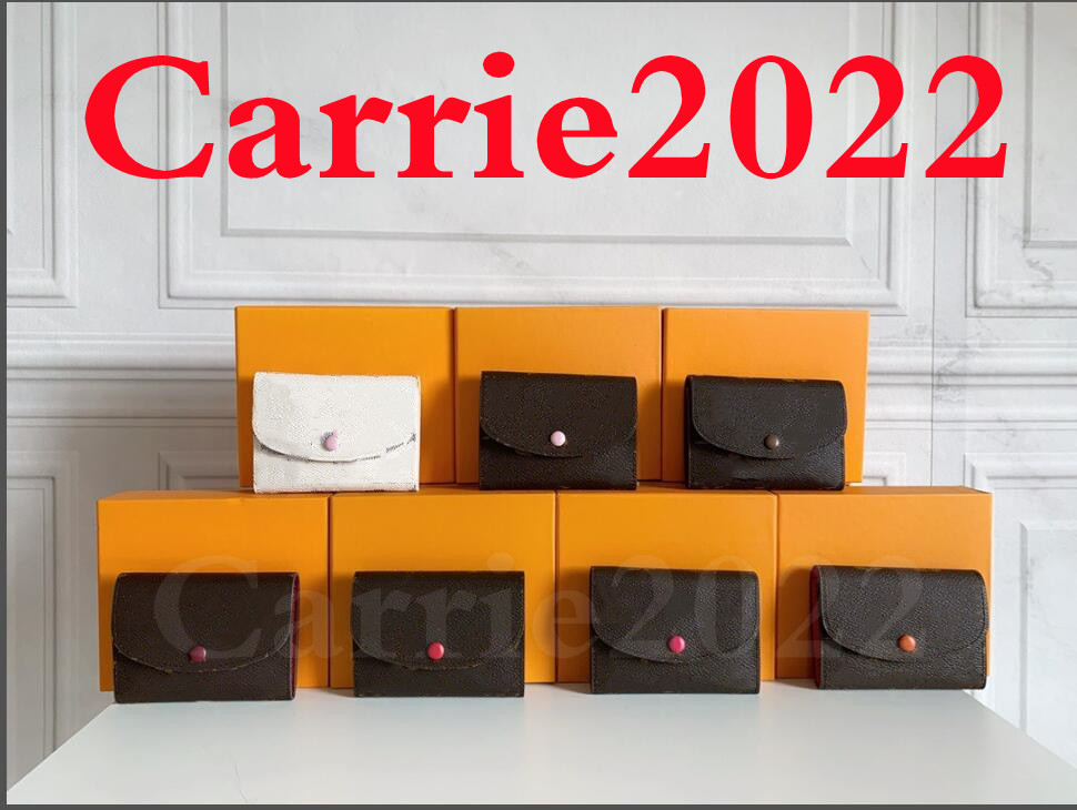 

5A Quality Designer wallets classic high-quality women credit card holder bags fashion a variety of styles and colors wholesale short wallet Purse With box, Brown flower+wine red buckle