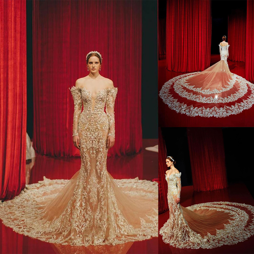 

Gold Mermaid Wedding Dress With Long Sleeve Beads Applique Strapless Organza Formal Occasion Custom Made Tulle Floor-length