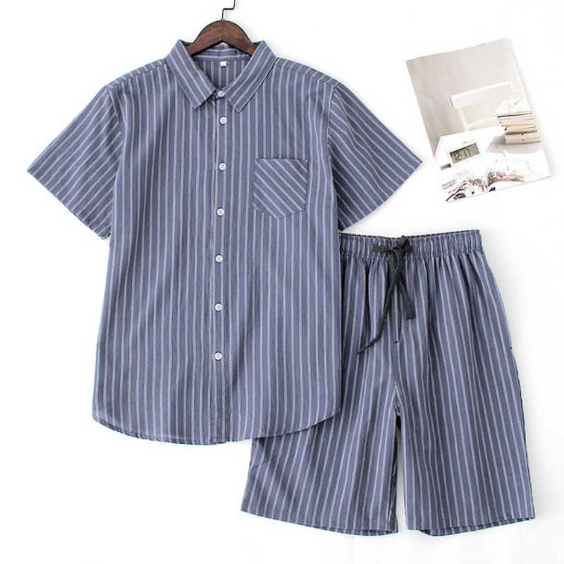 

Men' Sleepwear Man Summer Pajamas Male Short Sleeve Shirts Home Cotton Nightwear Sleep Tops & Shorts Pajama Set Men Homewear MY460Men, Smog blue stripe