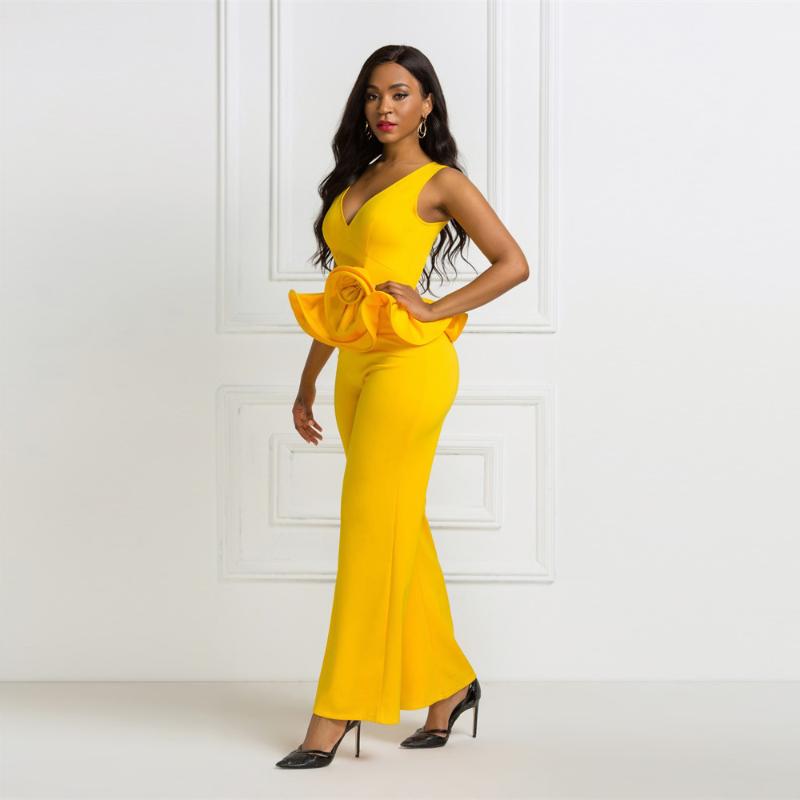 

Women' Jumpsuits & Rompers Elegant Sexy V Neck Women Sets Sleeveless Ruffle Casual Wide Legs Solid Color Overalls Lady Pants FemaleWomen, Yellow