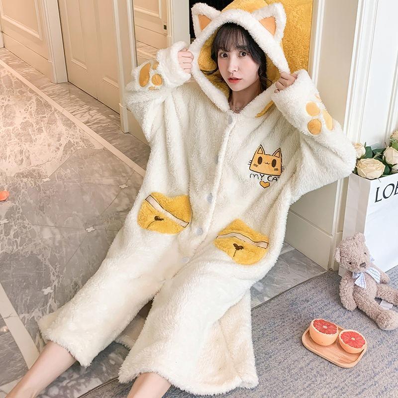

Women's Sleepwear Autumn And Winter Plus Velvet Pajamas Flannel Korean Cute Students All-match Casual Fashion Hooded Printed, Beige