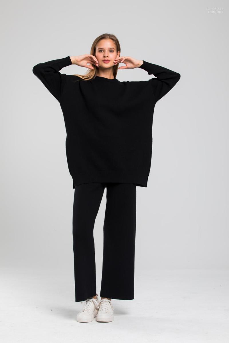 

Muqko Women's Big Black Knitted Suit With Deep Cut Tracksuits