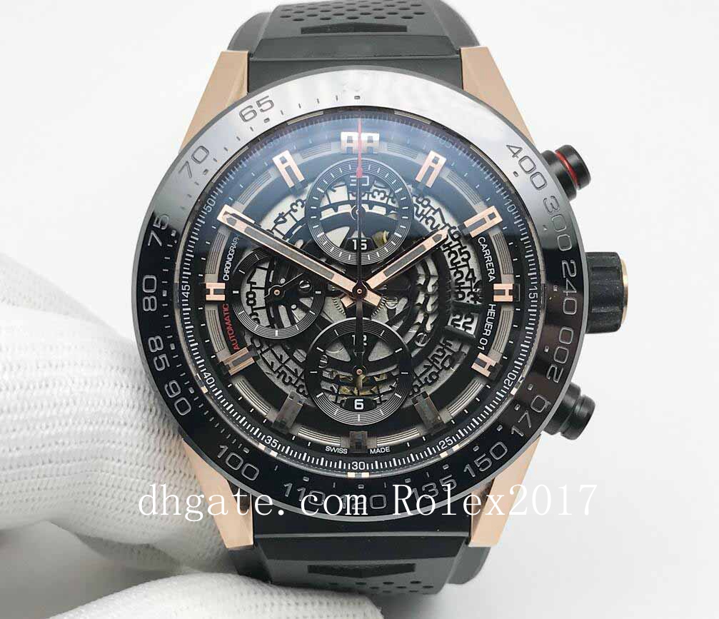 

2022 Men's Luxury Products Wristwatches Steel XFF Factory TTA 45MM Black Skeleton Dial 18K Rose Gold movement fully functional chronograph WATCHES
