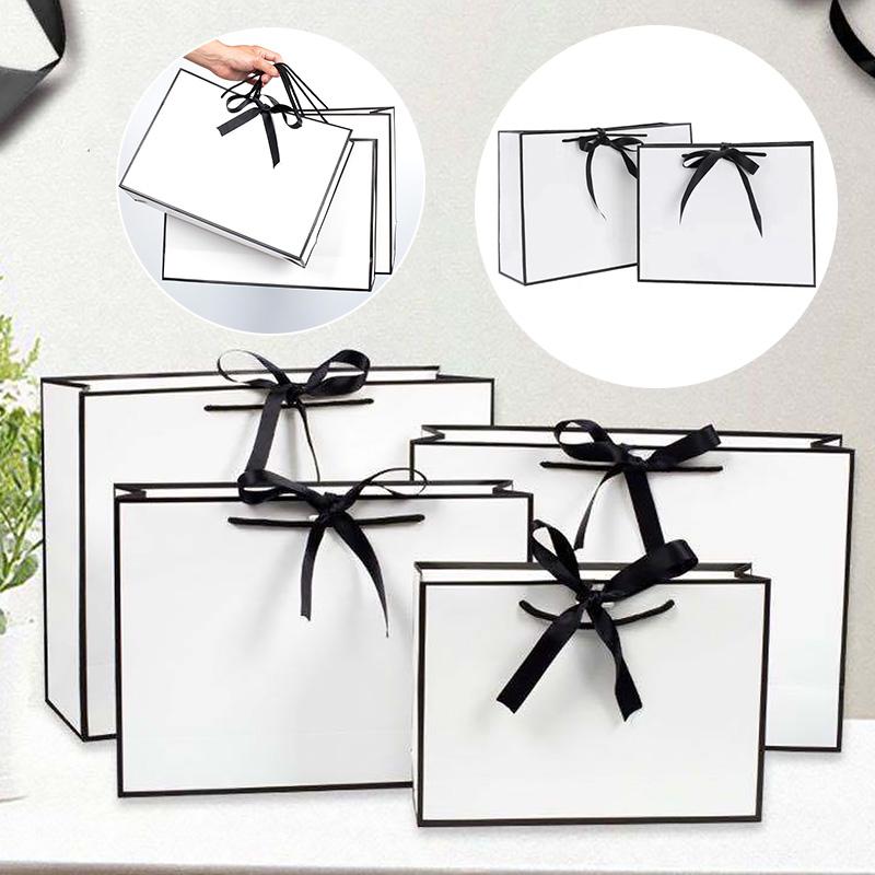 

Gift Wrap Box Black Frame White Cardboard Portable Bag For Business Wedding Holiday Luxury Wrapping Materials With Bow Lace