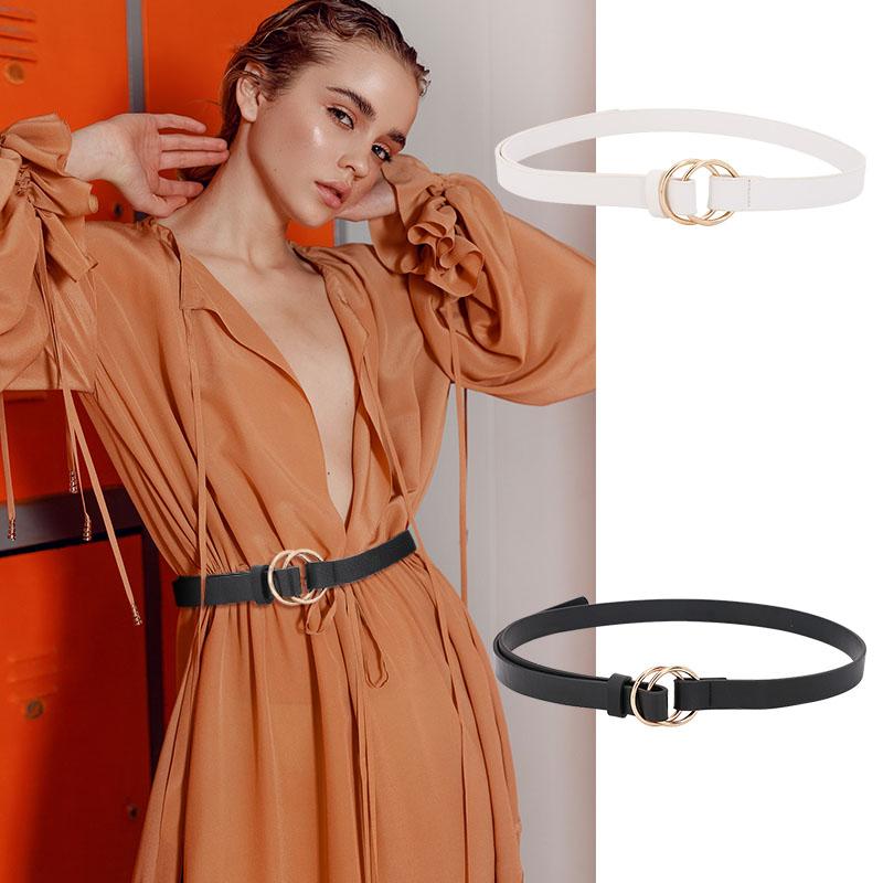 

Belts Fashion Double Gold Ring Buckle Women Belt PU Faux Leather Thin Waist Lady Girl Elegant Black White Waistband Straps
