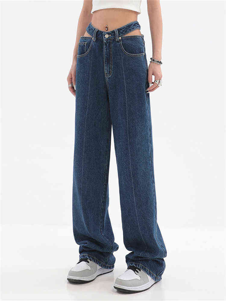 

Casual Women Jeans Trousers High Waist Pockets Loose Female Wide Leg Denim Pants Ladies Streetwear Floor-Length Pants Plus Size T220728, Blue