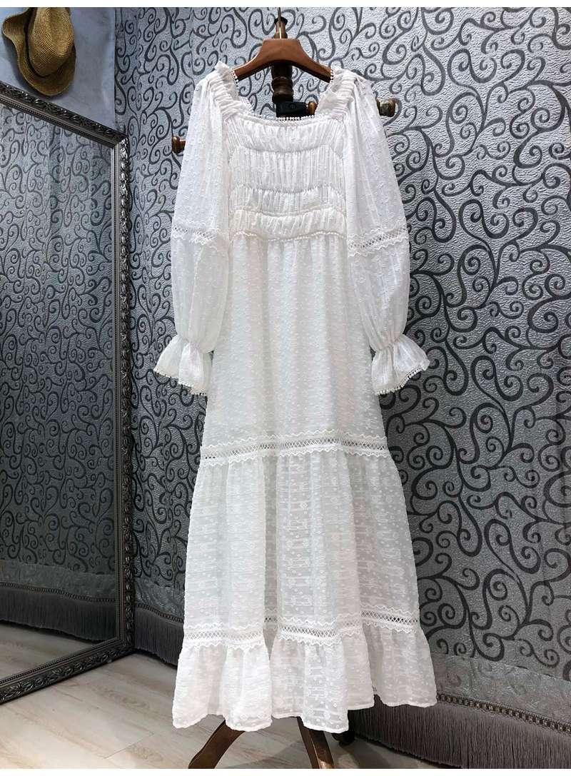 

Casual Dresses 2022 Autumn Long Dress High Quality Women Sexy Square Collar Allover Exquisite Embroidery Patterns White Maxi, As pic