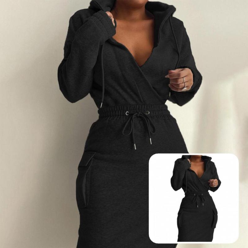 

Two Piece Dress 1 Set Short Pullover Skirt Stylish Pure Color Lace-up Solid Pockets Women Blouse, Black