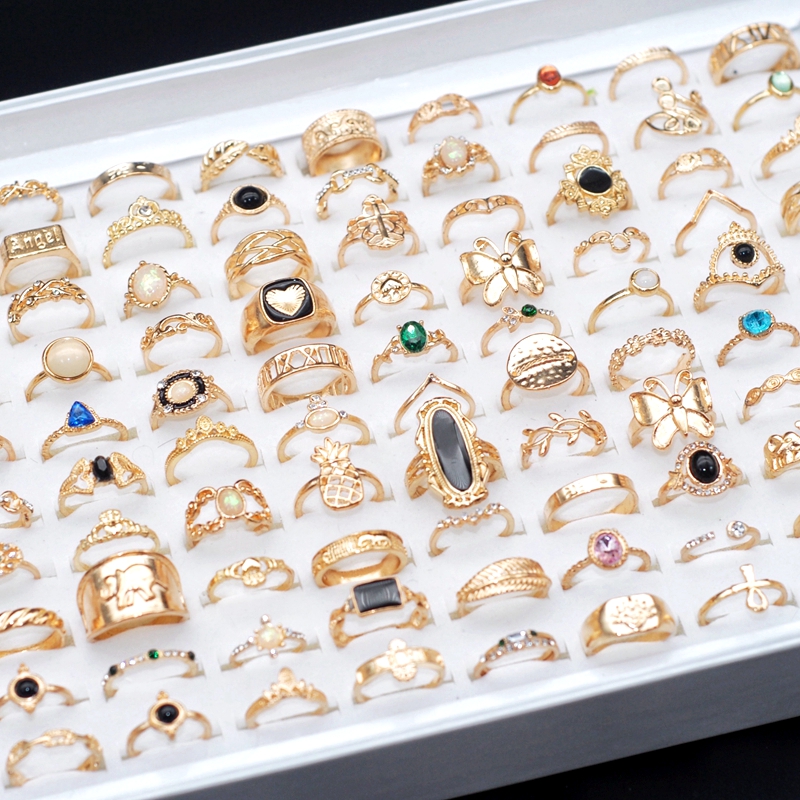 

Bulk Lots 100pcs Gold Bohemian Vintage Rings Women Girls Crystal Girls Ethnic Size 16-19 Charm Fashion Dropping of Oil Accessories Jewelry Wholesale