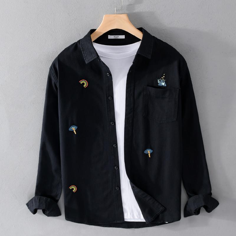 

Men's Casual Shirts Embroidered Designer Long Sleeve Cotton Brand Men Shirt Trend Comfortable Top Clothes Camisas De Hombre ChemiseMen's, Black