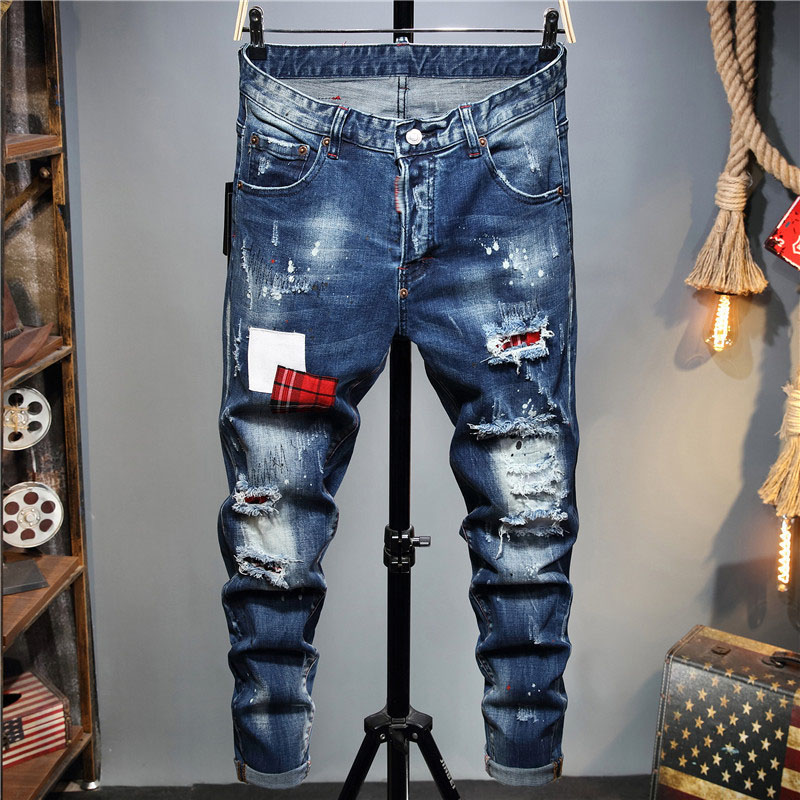 Men Jeans Trousers with Ink Paint Splatter Distressed Damaged Torn Rugged Knee Cut Silm Fit Skinny Long Straight Leg Pants for Biker-image-783563588