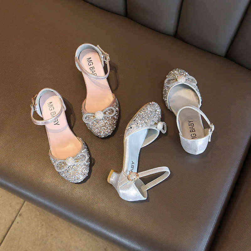 

Girls High Heels for Kids Party Wedding Evening Dress Shoes 2021 Fashion Crystal Summer Princess Stockings Girl Sandals E02165 G220418, Silver