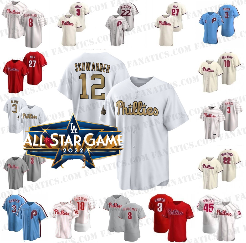 

Phillies 8 Nick Castellanos 2022 All-Star Game Jersey 12 Kyle Schwarber 3 Harper 10 J.T. Realmuto Matt Vierling Alec Bohm Moniak Zack Wheeler Rhys Hoskins Aaron Nola, White men flexbase