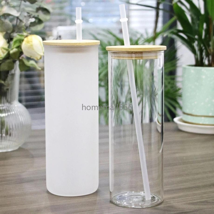 

25oz Sublimation Blanks Glass Tumblers With Bamboo Lid And Straw Straight Slim Frosted Clear Can Shaped Cups DIY Heat Transfer Summer Water Bottle AA, Frosted with bamboon lid