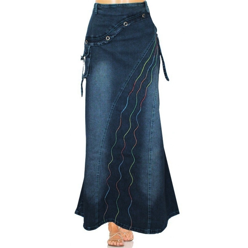 

Vintage Women Jeans Long Skirt Gothic Fashion Casual Denim Back Slit Elastic Pull on Slim Pleated 220322, Hs