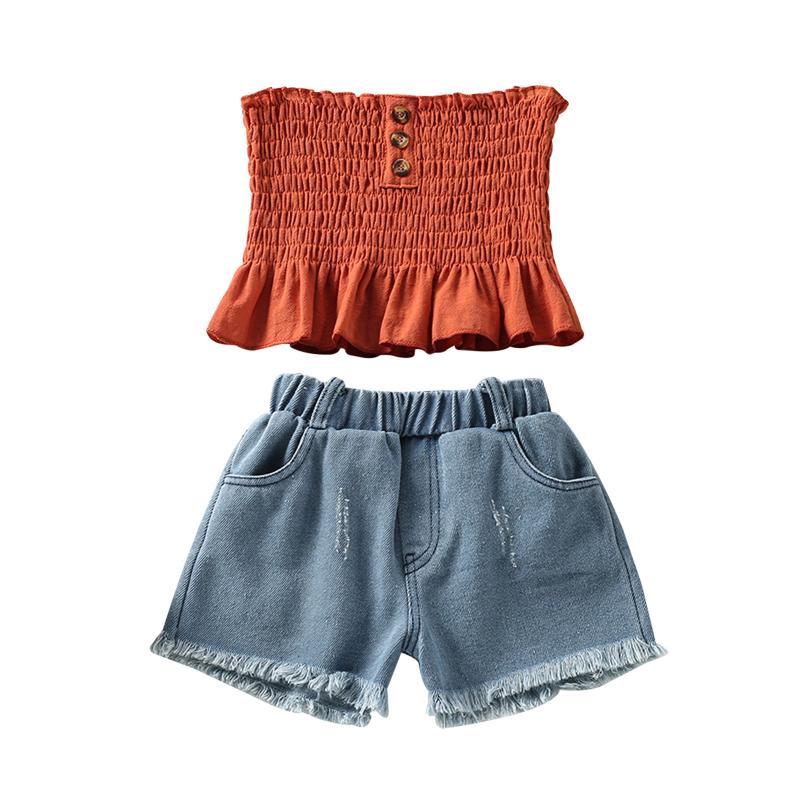 

Clothing Sets 2-7Years Toddler Girl 2Pcs Solid Color Outfits Smocked Ruffled Tube Tops Frayed Raw Hem JeansClothing, As pic