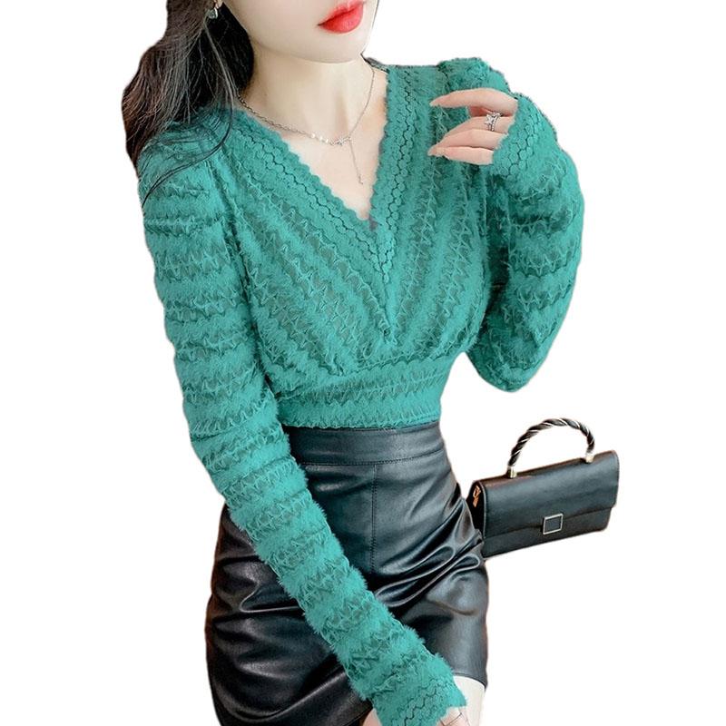 

Women' T-Shirt Ladies Elegant Lace Bottoming Top 2022 Women Spring Autumn V-neck Long-sleeved Slim Plus Size Female F369Women, Black