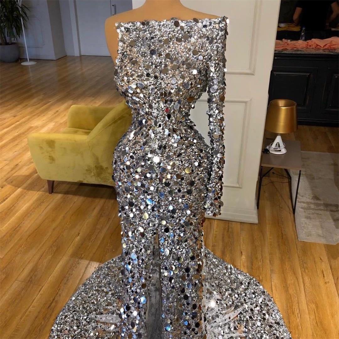 

2022 Formal Evening Dresses for Women One Shoulder Prom Party Gowns with Sleeve Sequin Front Split Long Cocktail Dress, Gold