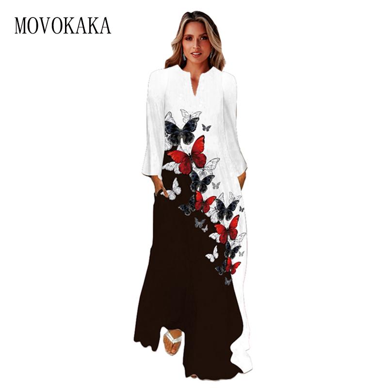 

Casual Dresses MOVOKAKA 2022 Autumn Long Sleeve Butterfly Print Holiday Woman Elegant Loose Black White Dress Women, Black;gray