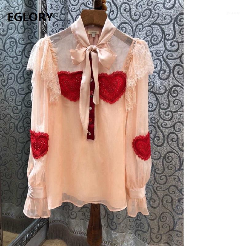 

Women' Blouses & Shirts Pink Black 2022 Autumn Fashion Sexy Blouse Shirt Women Bow Neck Lace Patchwork Sweetheart Embroidery Chiffon
