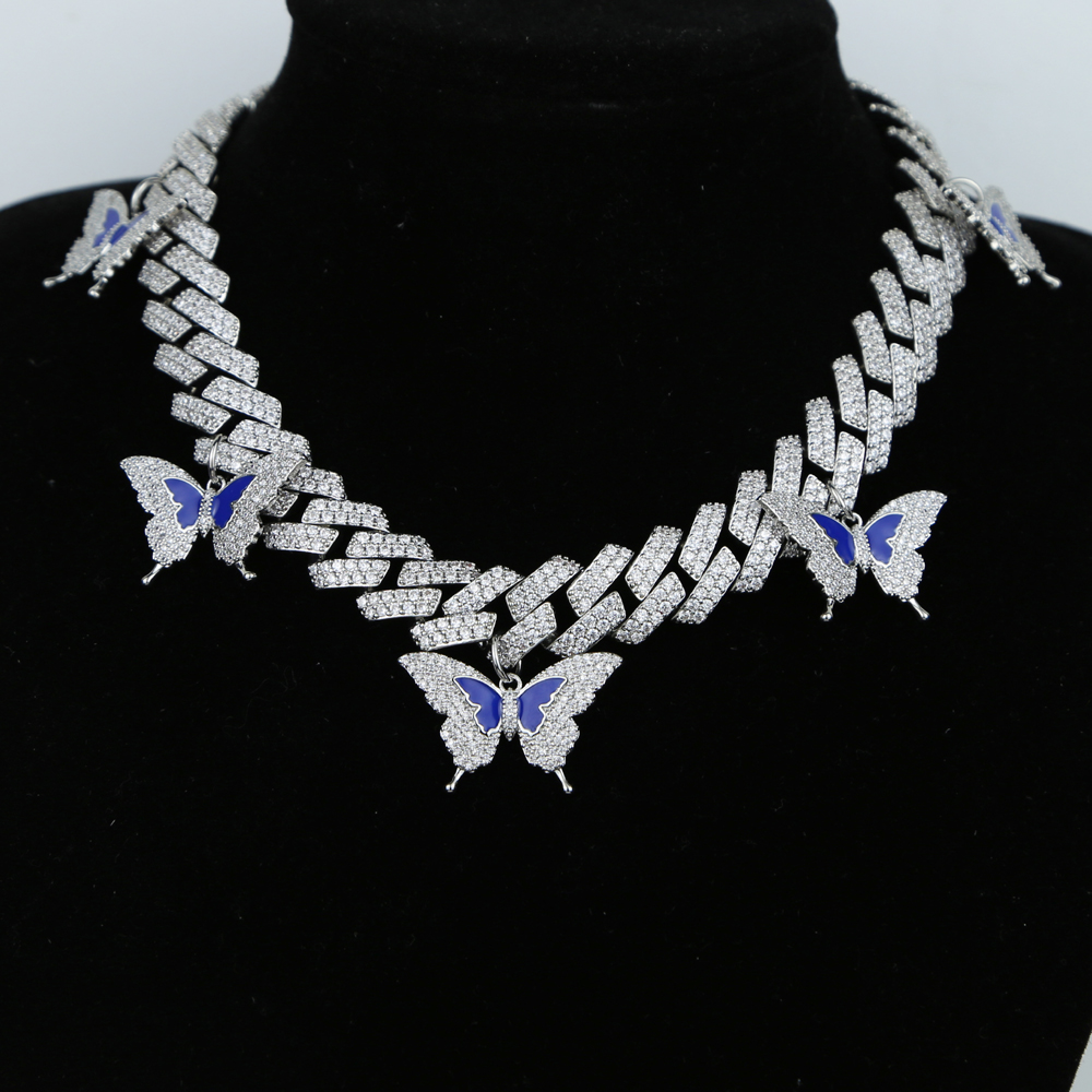 

New Iced out Bling Women Buttefly Choker Necklace Jewelry Hip Hop Silver Color 15mm Cuban Chain Cz Paved Buttetfly Charm jewelrys