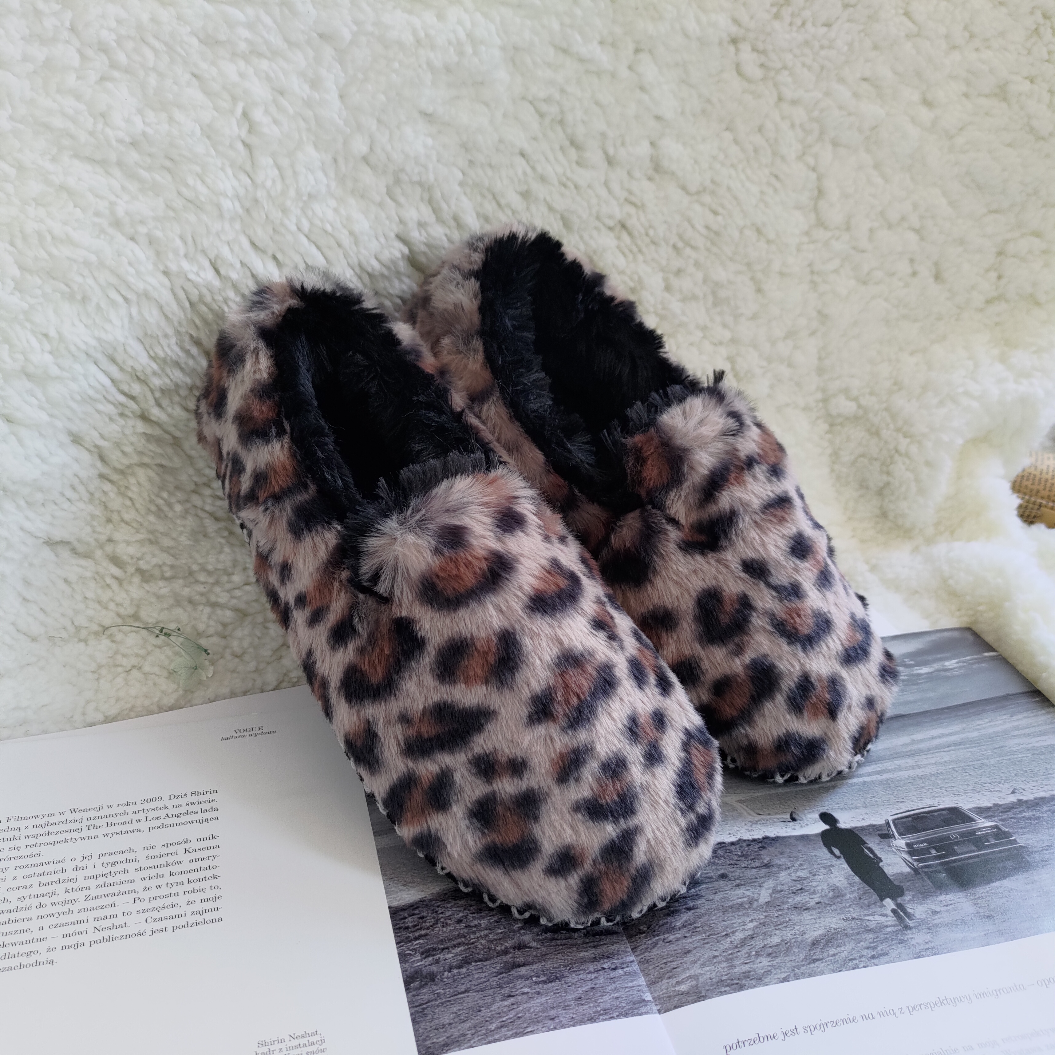 

Trendy leopard print bag root women's plush slippers home autumn and winter warm shoes, Multi