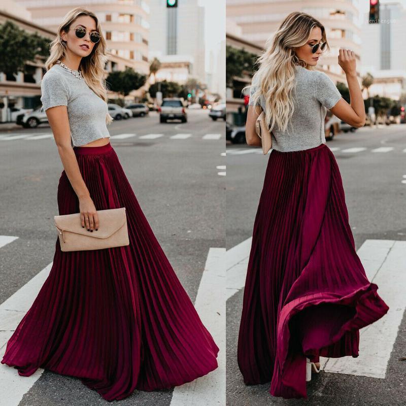 

Skirts 2022 Women Chiffon Skirt Elegant Pleated Long Maxi High Waist Summer Ladies Girls Beach Boho Vintage Elastic Casual, Black