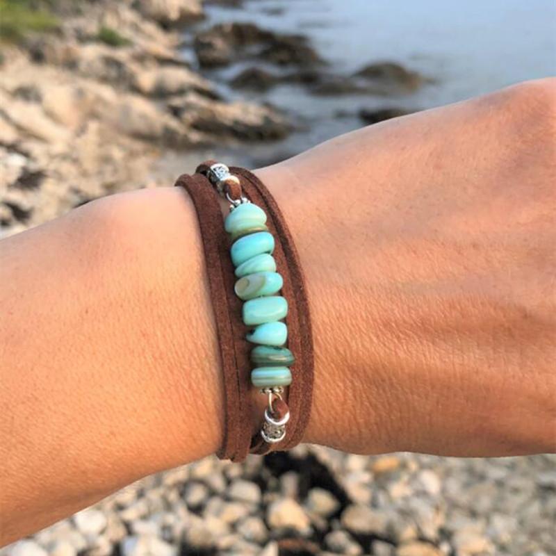 

Beaded Strands Fashion Women Bohemian OT Buckle Nature Stone Leather Strap Bracelet Elegant BraceletBeaded