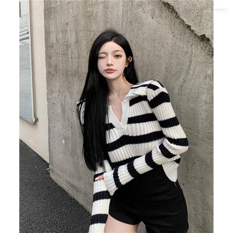 

Women's Sweaters Loose And Versatile Navy Collar Top Black White Striped Pullover V-neck Sweater 2022 Spring Autumn Women Clothing Olga22