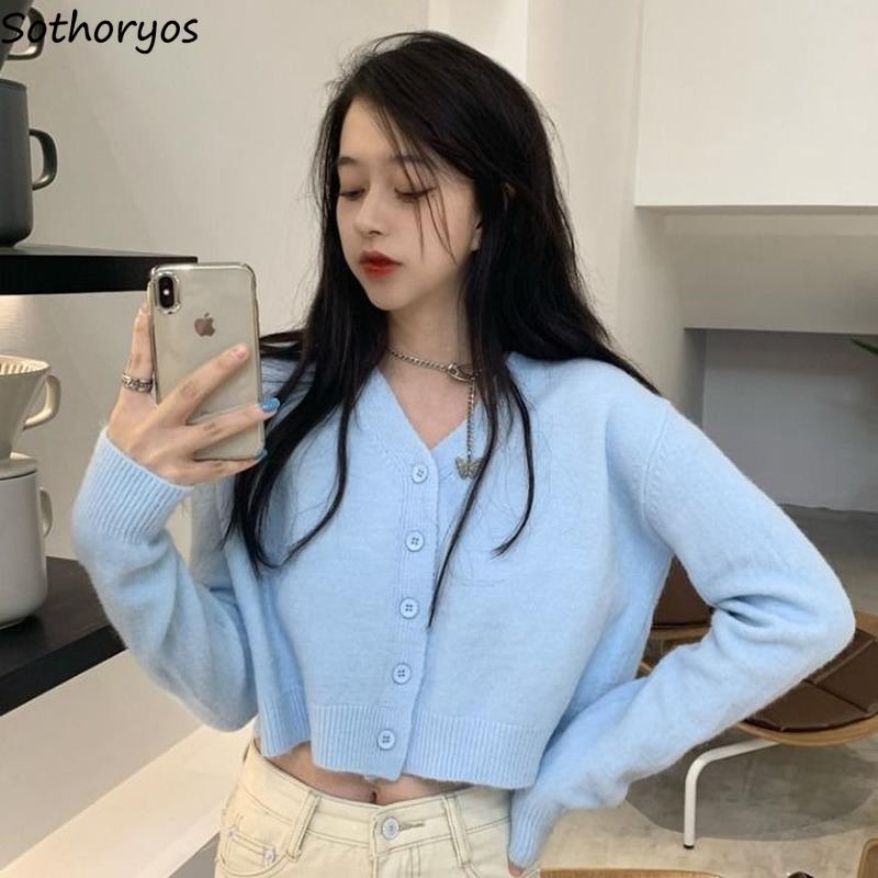 

Women's Knits & Tees Women Cardigan Crop Tops Blue V-neck Loose Long Sleeve Knitted Spring Autumn Casual Outwear All-match Girls Sweet Lovel, White