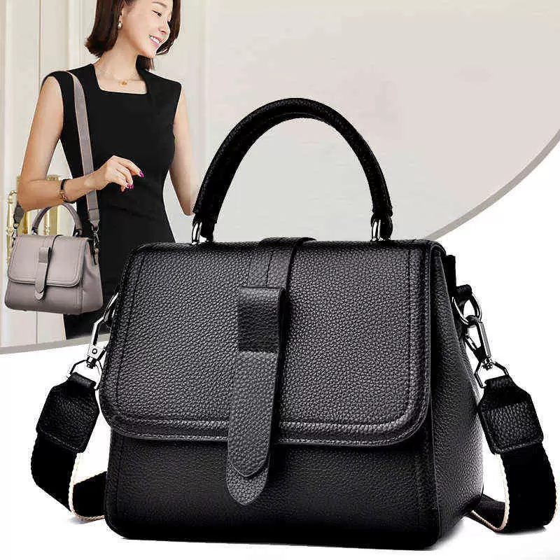 

Briefcases Leather Hand Busins Commuting Women's Single Head Layer Cowhide Msenger Wide Shoulder Strap Flip Bag