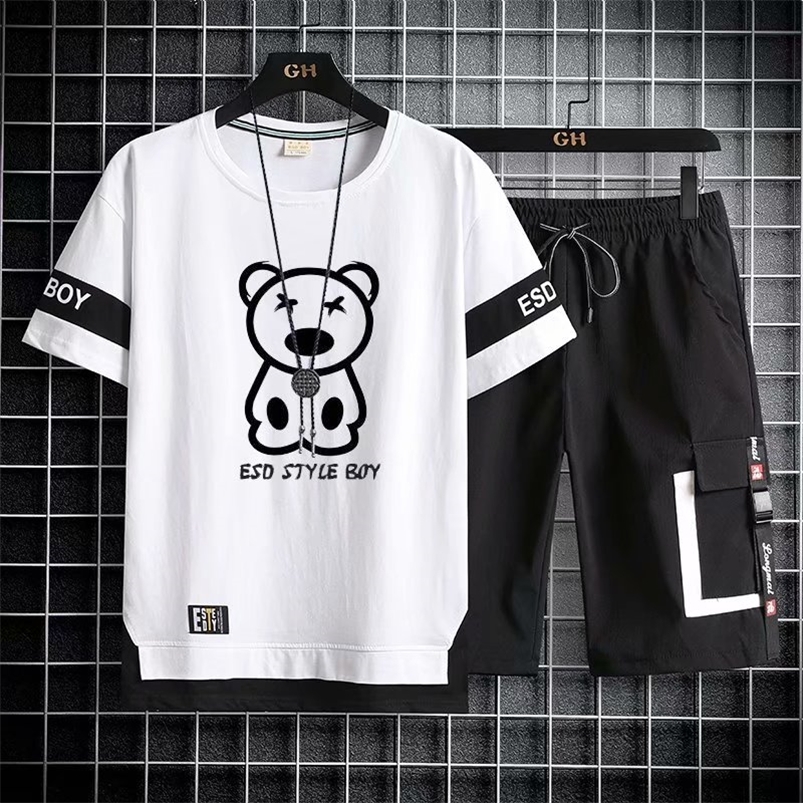 

Korean Fashion Men s Sets Summer Tracksuit Print Bear T Shirts Sport Shorts Suit Casual Clothing s Joggers 220615, Black