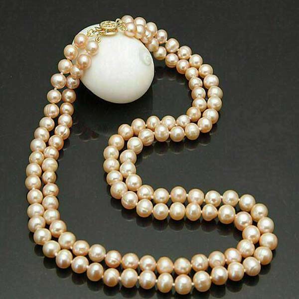 

2 Rows Real Natural 7-8mm Pink Akoya Pearl Round Beads Necklace 17-18'' AAA