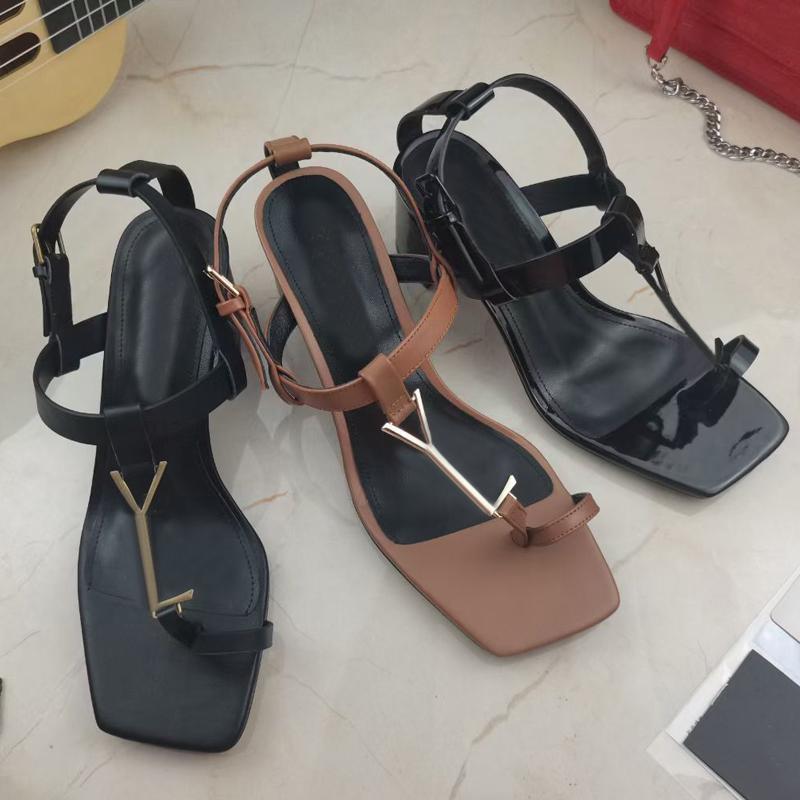 

summer High heeled sandals party fashion 100% leather women Work shoe designer sexy heels Lady Metal Belt buckle Thick Heel black Woman shoes Large size 34-41-42 With box, Black[gold buckle]-slipper