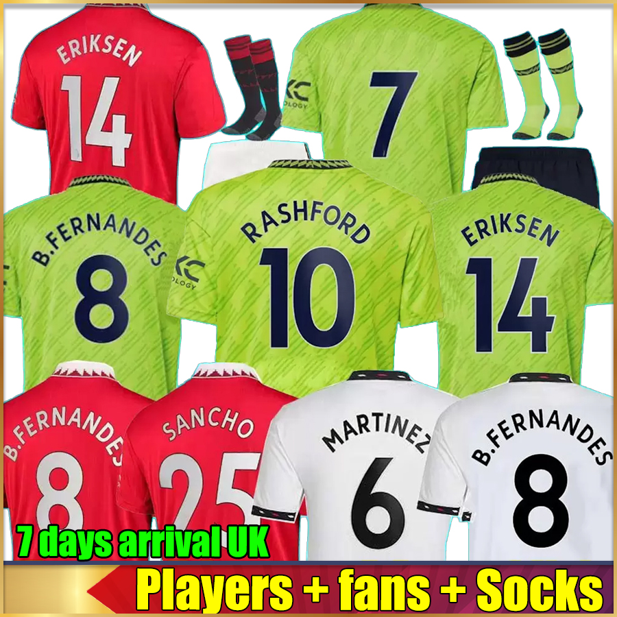 

22 23 Fans PLAYER Version SANCHO Eriksen Soccer Jersey Socks Full equipment RASHFORD SHAW GREENWOOD ELANGA MANS BRUNO UTD MARTIAL B. FERNANDES Fred Football Kits