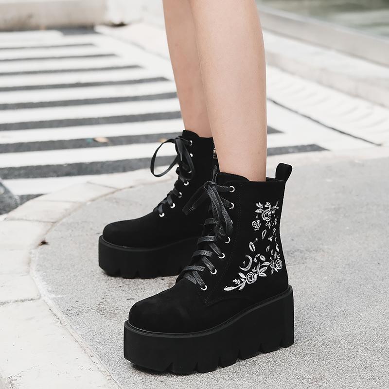 

Boots Shoes On Platform Demonia Chunky Punk Suede Leather Womens Gothic Lace Up Black Zipper High Quality Fashion Flower
