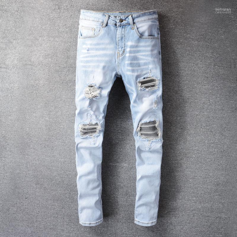 

Men's Jeans Street Fashion Men Retro Light Blue Elastic Slim Fit Ripped Patches Designer Hip Hop Destroyed Denim Punk Pants Bert22
