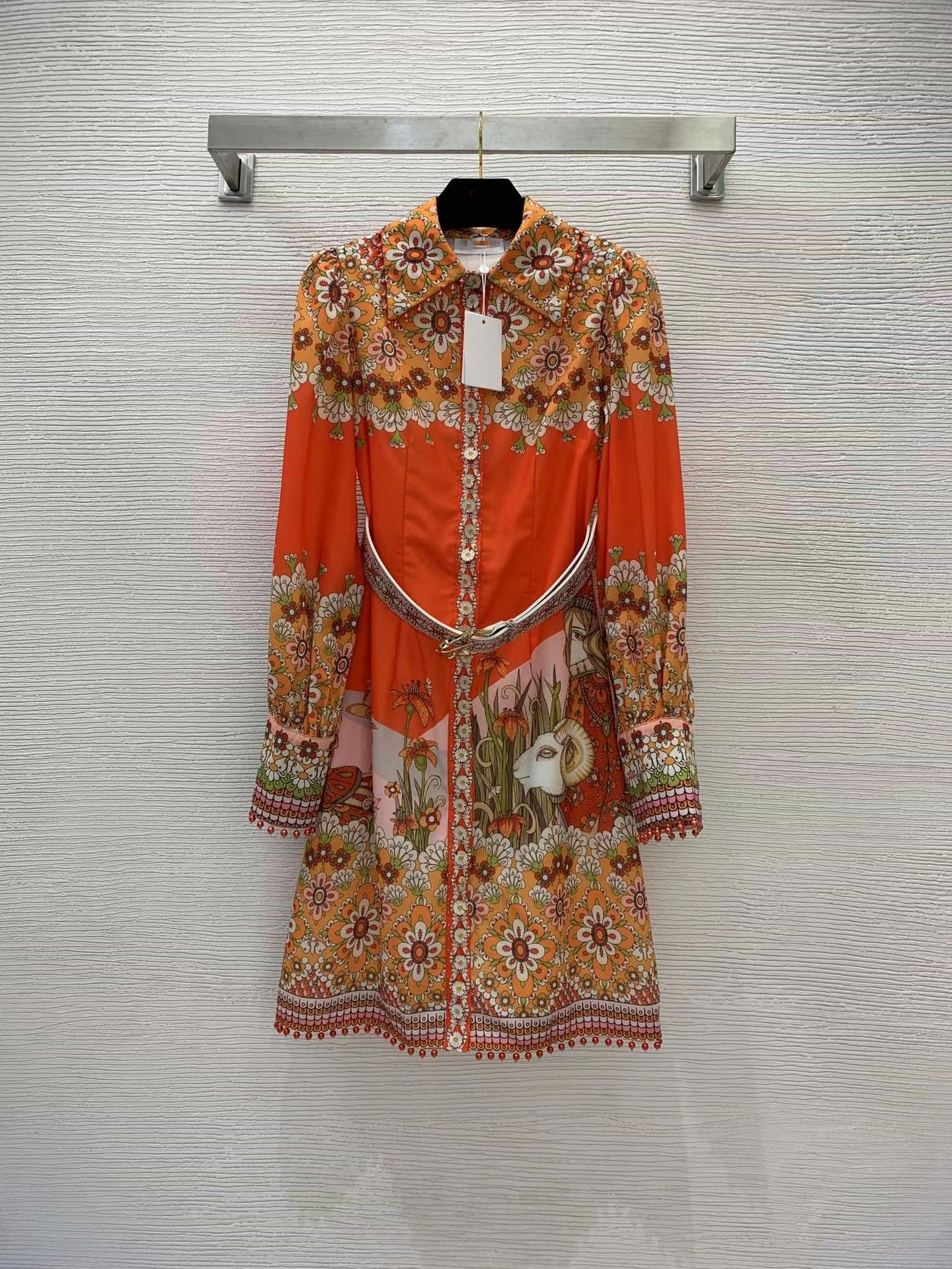 

Street Style Dresses 2022 Autumn Lapel Neck Lantern Sleeve Print Fashion Milan Runway Dress Designer Brand Same Style Women' 0816-04, Multi