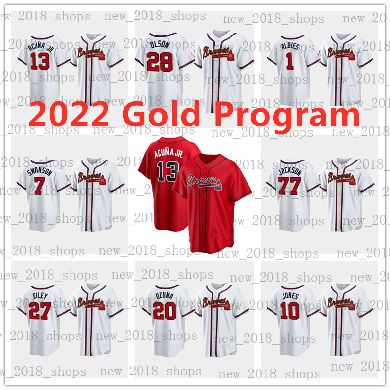 

Braves Matt Olson Jersey 13 Ronald Acuna jr Atlanta 2022 Gold Program Ozzie Albies Baseball Dansby Swanson Adam Duvall Eddie Rosario Austin Riley Ozzie Albies d'Arnau, Custom retro men jersey