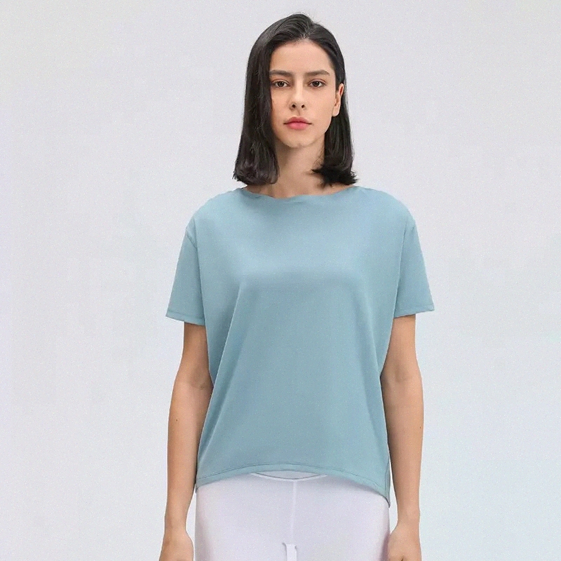

22s New Nude Yoga Short Sleeve Women Tops Loose Solid Color Fashion Versatile Front Hem Pleated Casual Gym Sport Suit Shirt i8Bk#