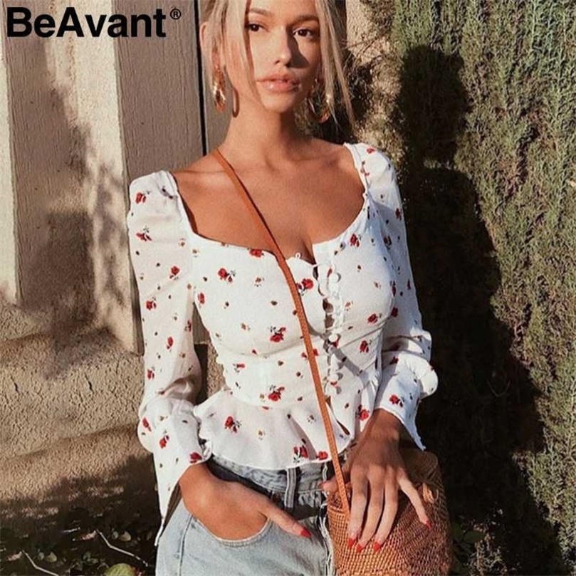 

BeAvant Flower print blouse women shirts Vintage embroidery white blouse top Summer casual ruffles short chiffon top blusas 210709