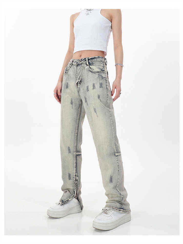 

High Street Washed Light Blue Jeans Women's Summer New Stretch Slim Small Feet Straight All-match Casual Denim Trousers Female T220728
