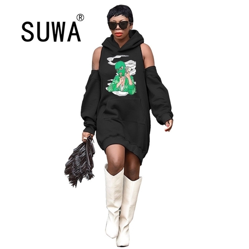 

Character Print Harajuku Loose Hoodie Dress Women Black Off Shoulder Long Sleeve Sweatshirt Casual Hooded Oversized 210525