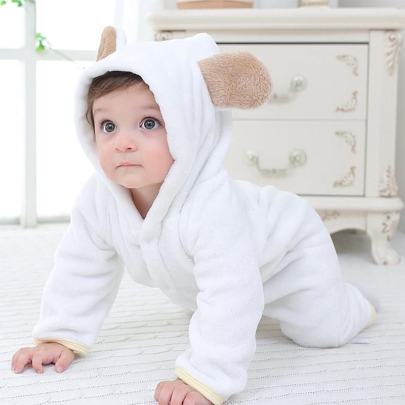 

Jumpsuits Arrival Winter Baby Solid Fleece Hooded Jumpsuit Unisex Boy Girl Pure Color Clothes RompersJumpsuits, 1802 white