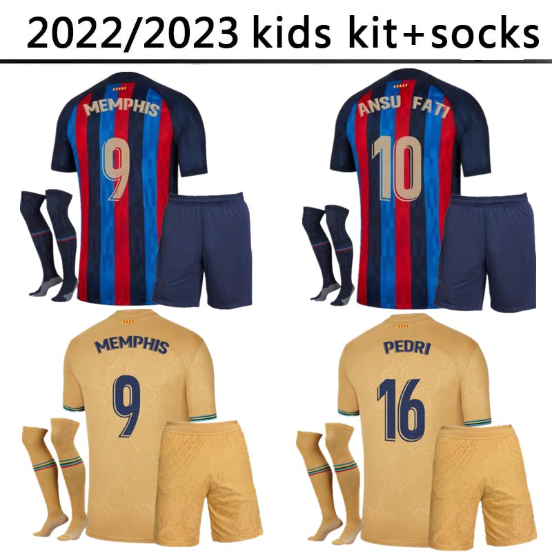 

kids kit socks soccer jersey Camisetas de football MEMPHIS PEDRI ADAMA AUBA FERRAN home away  23 ANSU FATI 2022 2023 F. DE JONG DEST DAVI ALVES shirt child boy