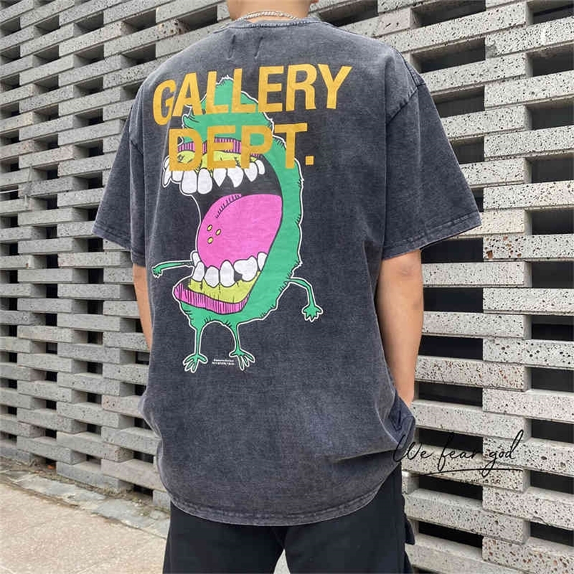 

22ss Men T-shirt Gallerydept Gallerydept Vintage Wash used cartoon monster high street round neck loose short sleeve T-shirt fashion liL, Wash black