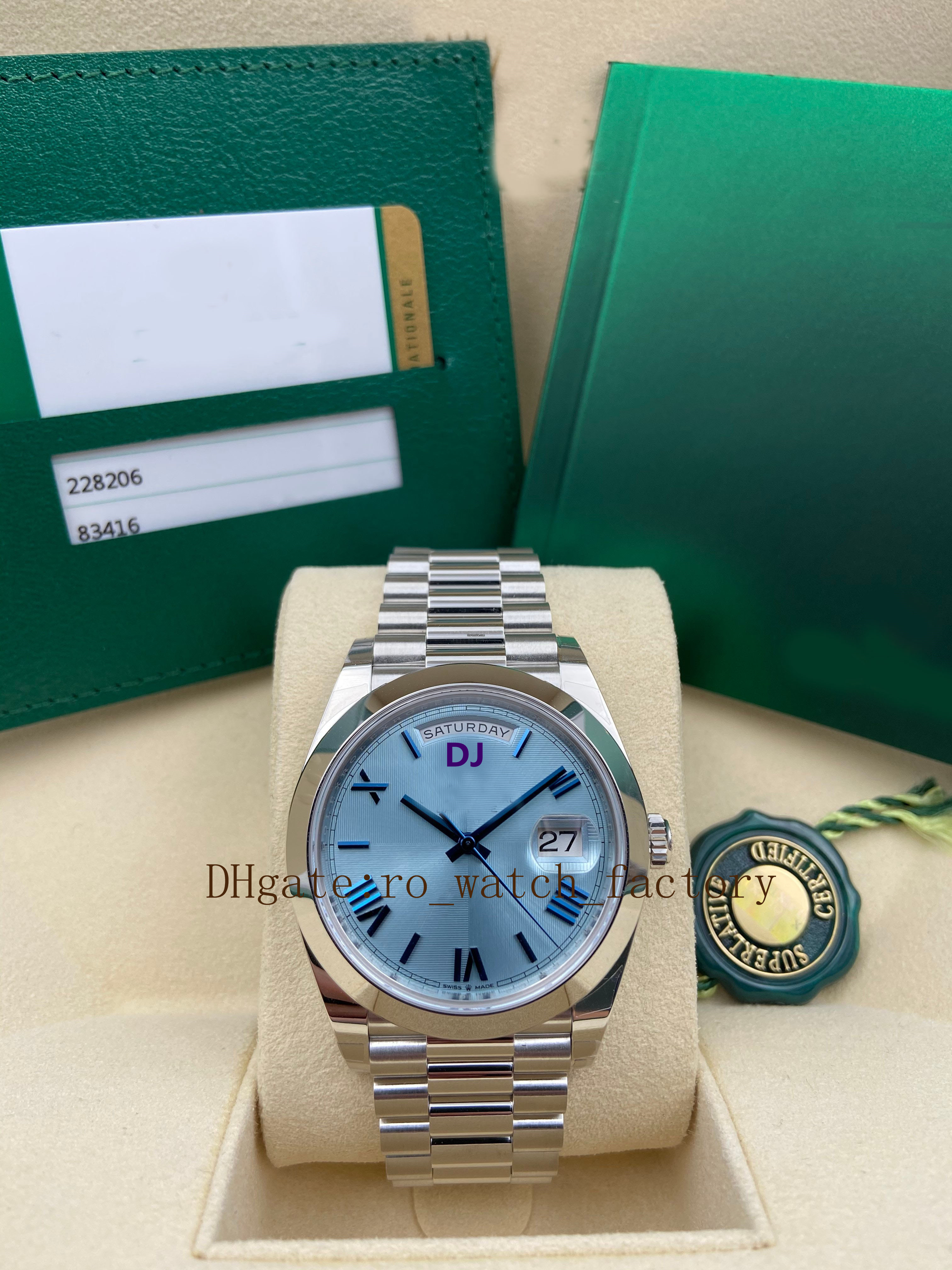 

Men Watch BP Factory Platinum 40mm Day-Date Ice Blue Arabic Rare Dial Automatic Fashion Roman Numerals Women Watch Folding 3235 Mechanical, Customize