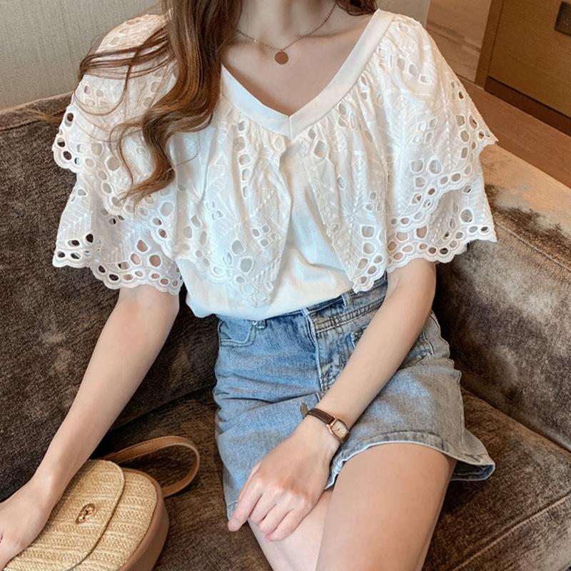 

Women' T-Shirt Wholesale 2022 Spring Summer Autumn Fashion Casual Chiffon Women Shirt Woman Female OL Clothing Vy1389, White