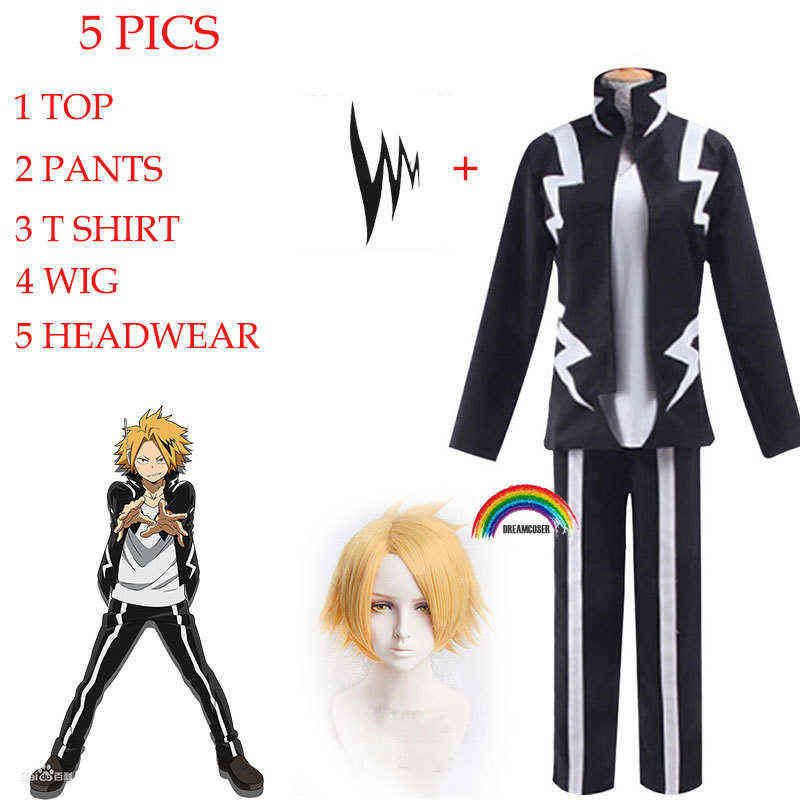 

5Pics Anime My Hero Academia Denki Kaminari Cosplay Wigs Short Gold Heat Resistant Synthetic Cosplay Wigs Black Light Set J220720